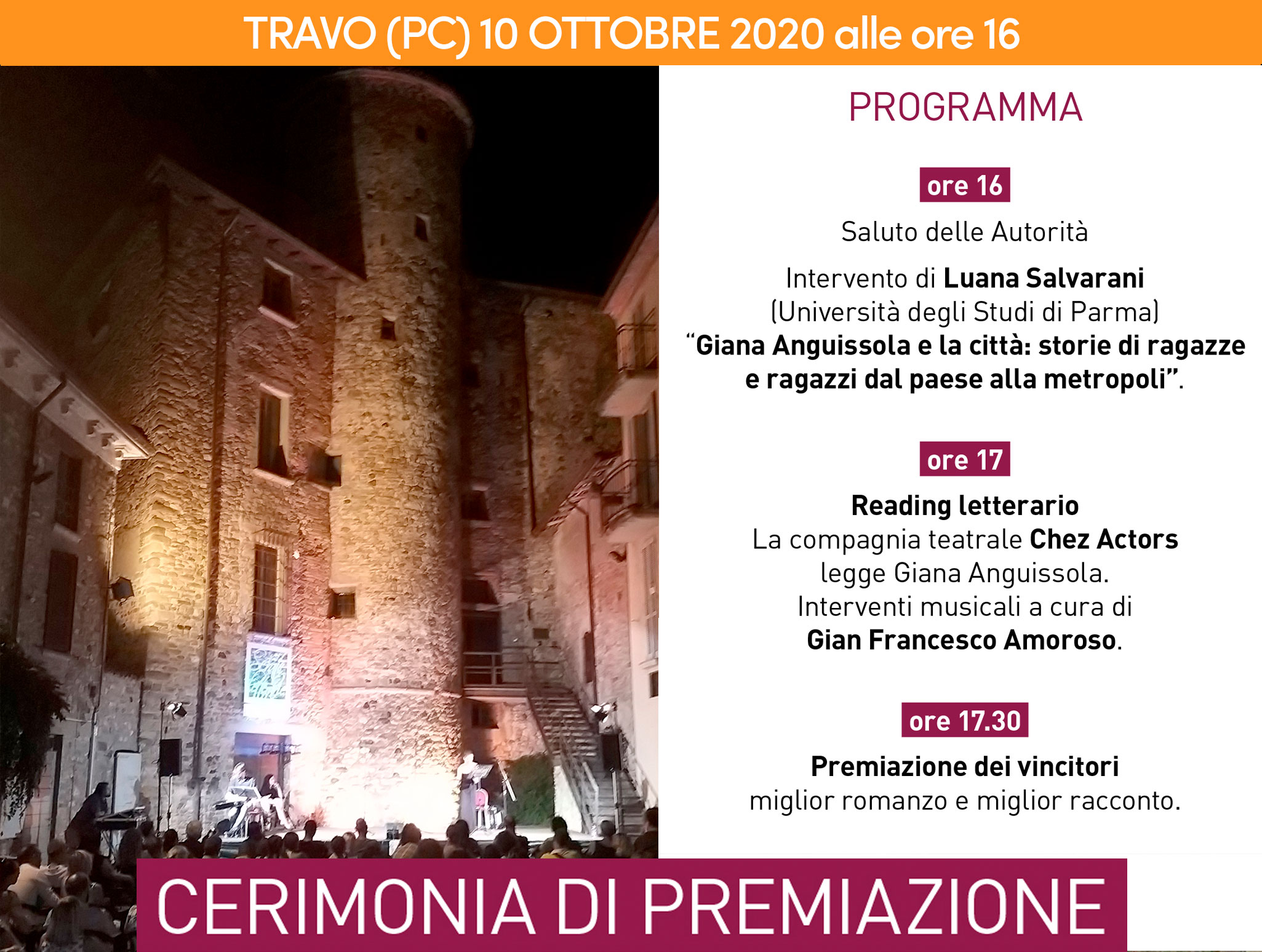Invito alla premiazione dell'edizione 2020 del Concorso letterario Giana Anguissola